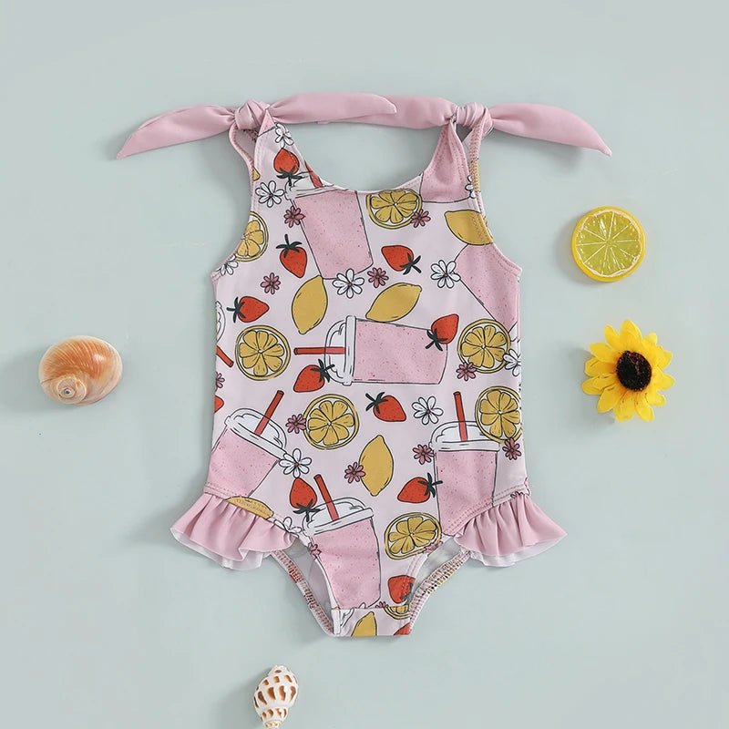 0-5Y Toddler Kids Girls Summer Swimsuits Cartoon Ice Cream Print Tie up Strap Ruffled Swimwear
