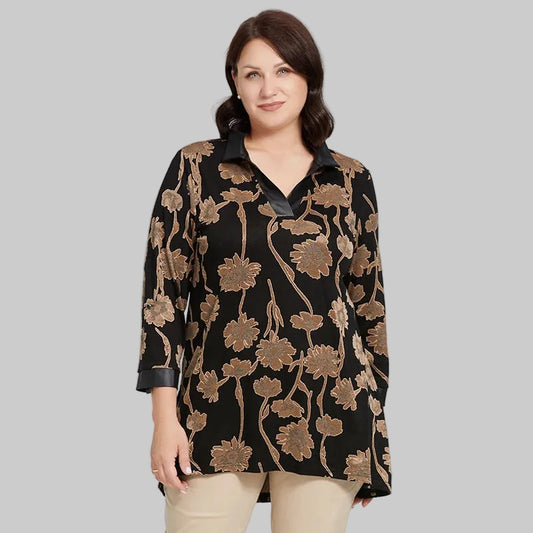 Women's Oversized Embroidered Patchwork Top — Three-Quarter Sleeve Lapel V-Neck Pullover