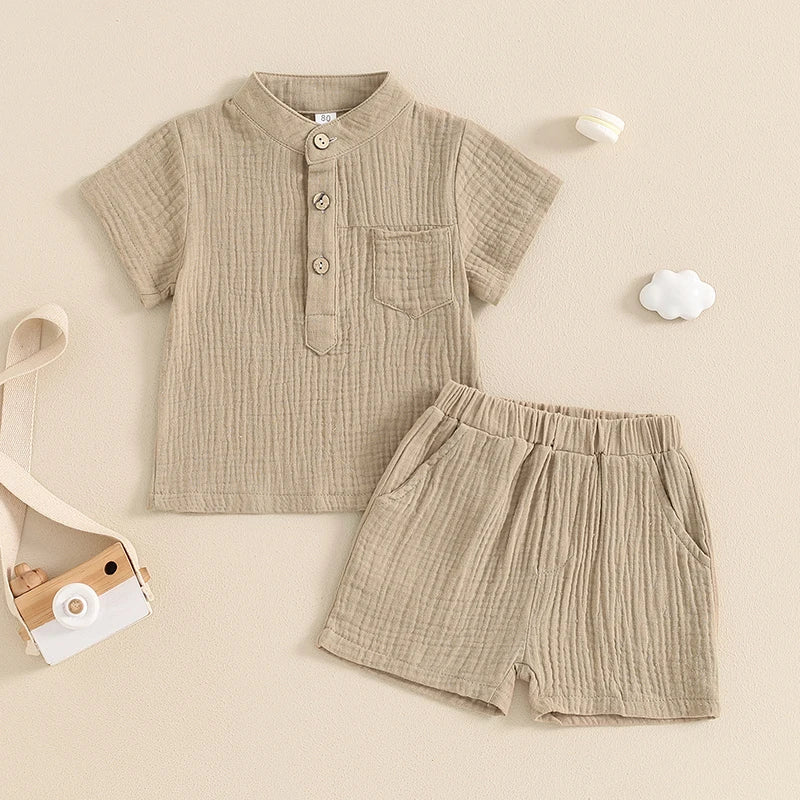 Little Boys Summer Gentleman Outfit Set - Solid Short Sleeve Top & Elastic Waist Shorts (0-4Y)