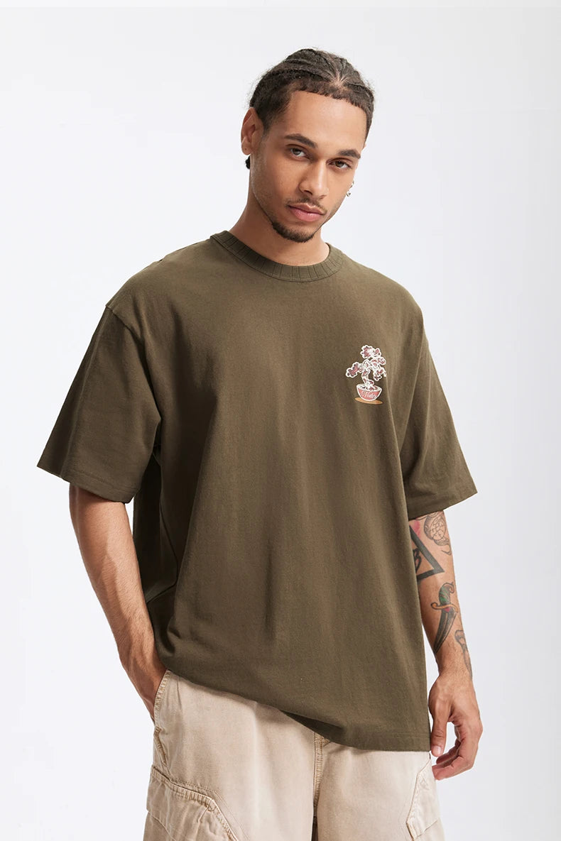 Men's 250G Green Plant Crack Print Retro Street Style Heavyweight Casual Short Sleeve T-Shirt