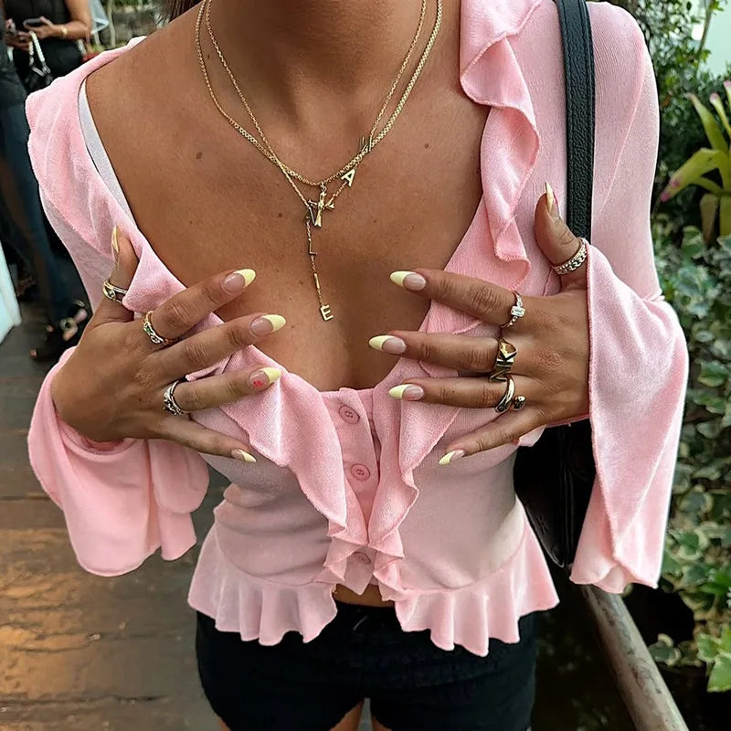 Women's Ruffled Flare Sleeve Cardigan - V Neck Cropped Top