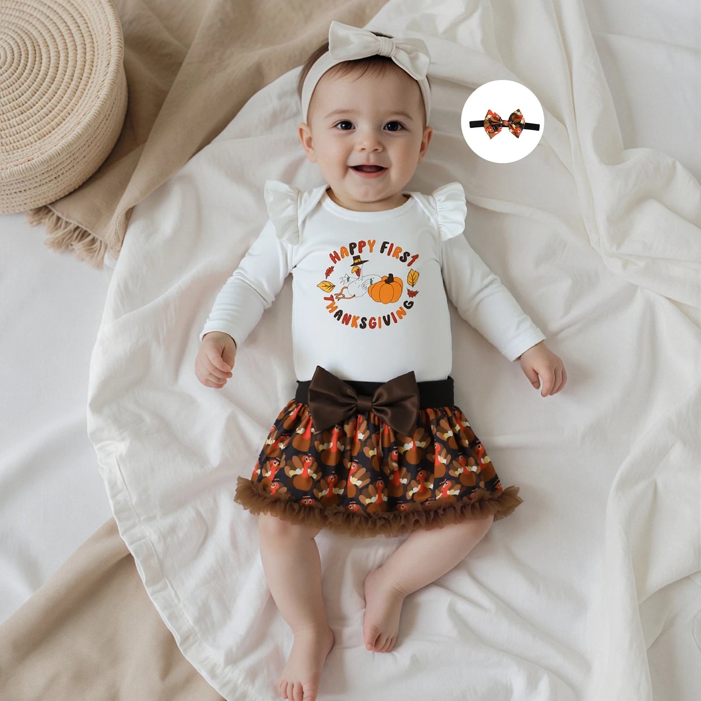 Baby Girls Thanksgiving Outfit Set - 3-Piece Long Sleeve Romper, Mini Skirt & Headband