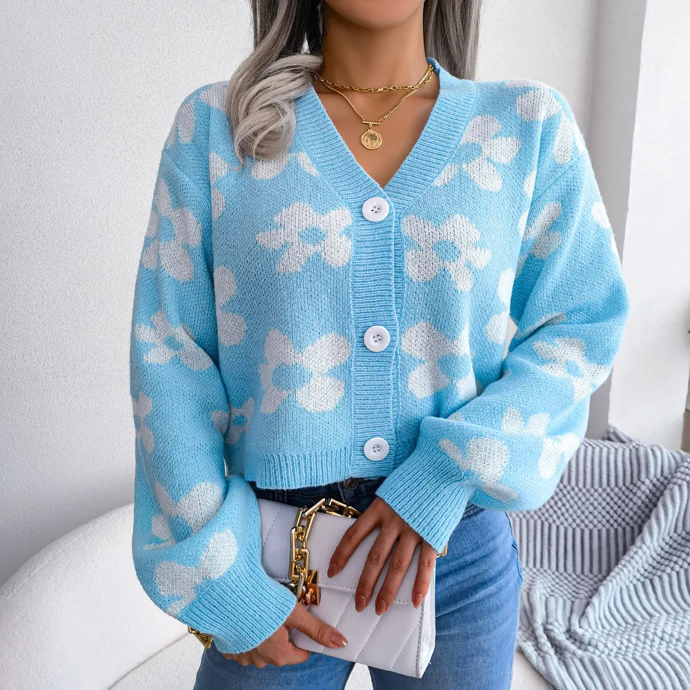 Women's Knitted Cardigan V Neck Single Breasted Sweater Flower Lantern Sleeve Jumper