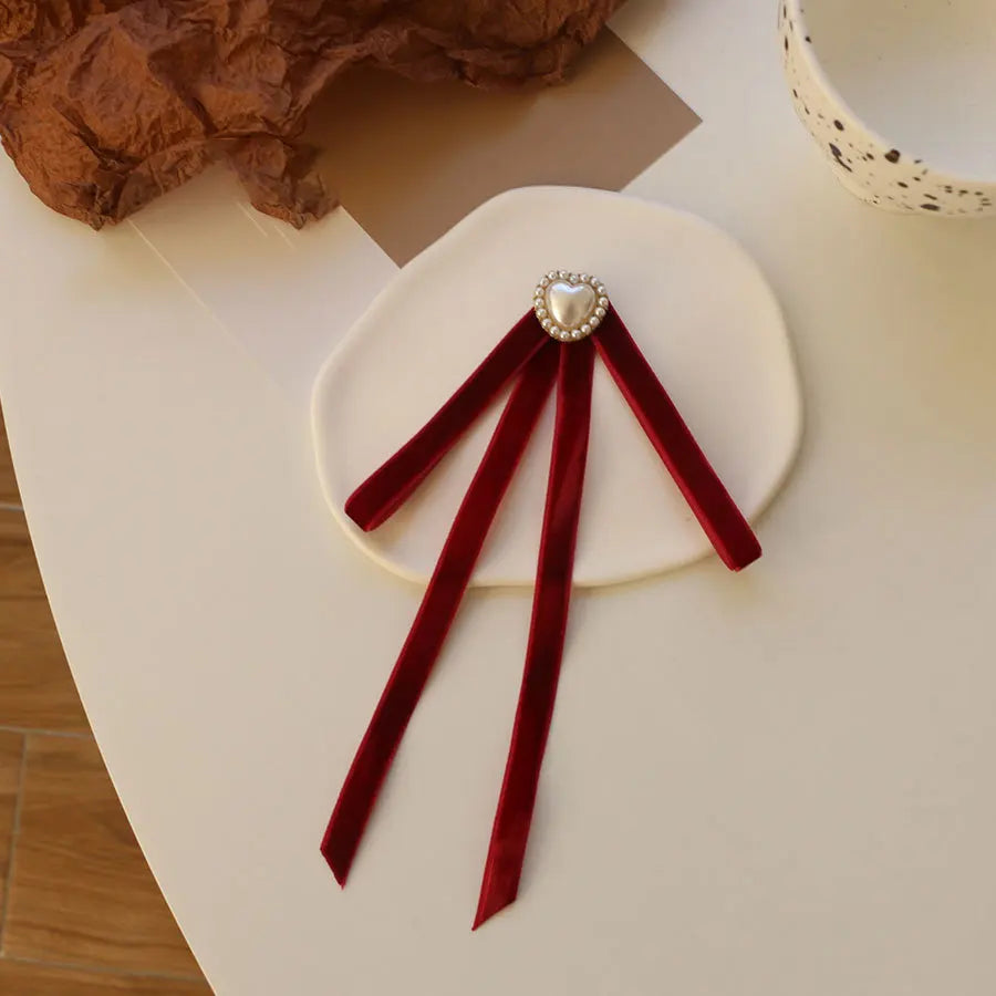 Anime Style Velvet Bow Pearl Brooch - Sweet Academic Pin for Girls