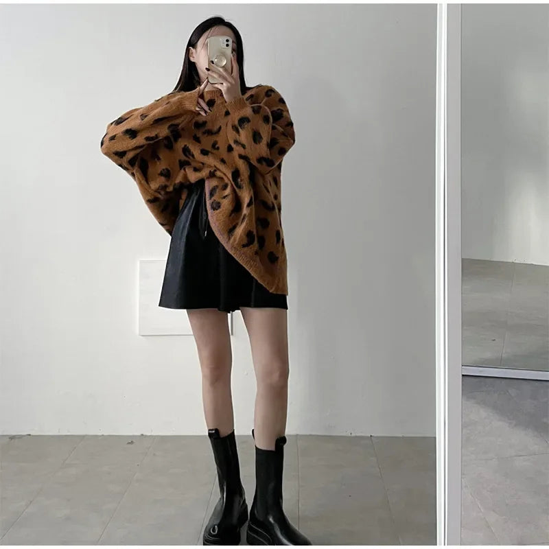 Women's Leopard Print Pullover Loose Oversized Sweater