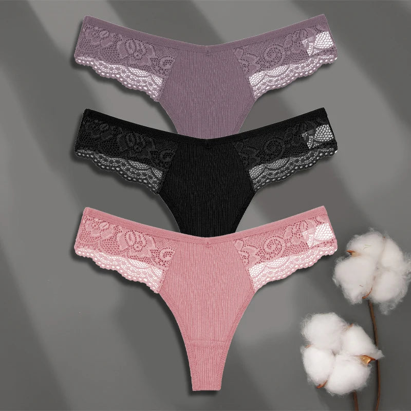 Cotton Lace Thongs - 3 Pack Low Waist Bikini Panties