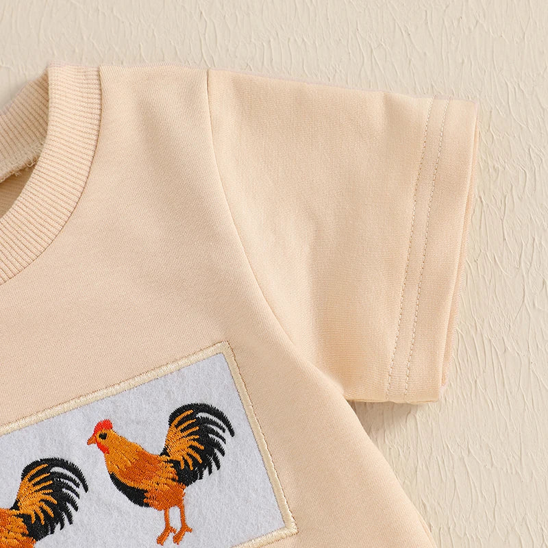 0-4Y Toddler Kids Boys Clothes Sets Rooster Embroidery Short Sleeve T-shirts Elastic Waist Shorts 2PCS