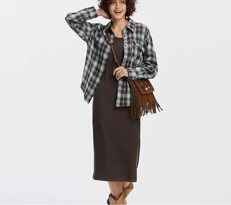 U-Neck Vest Dress & Checkered Shirt Set - Vintage Two Piece Autumn Outfit