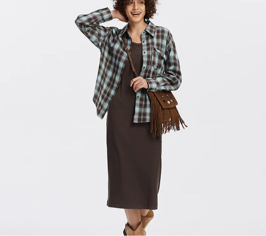 U-Neck Vest Dress & Checkered Shirt Set - Vintage Two Piece Autumn Outfit
