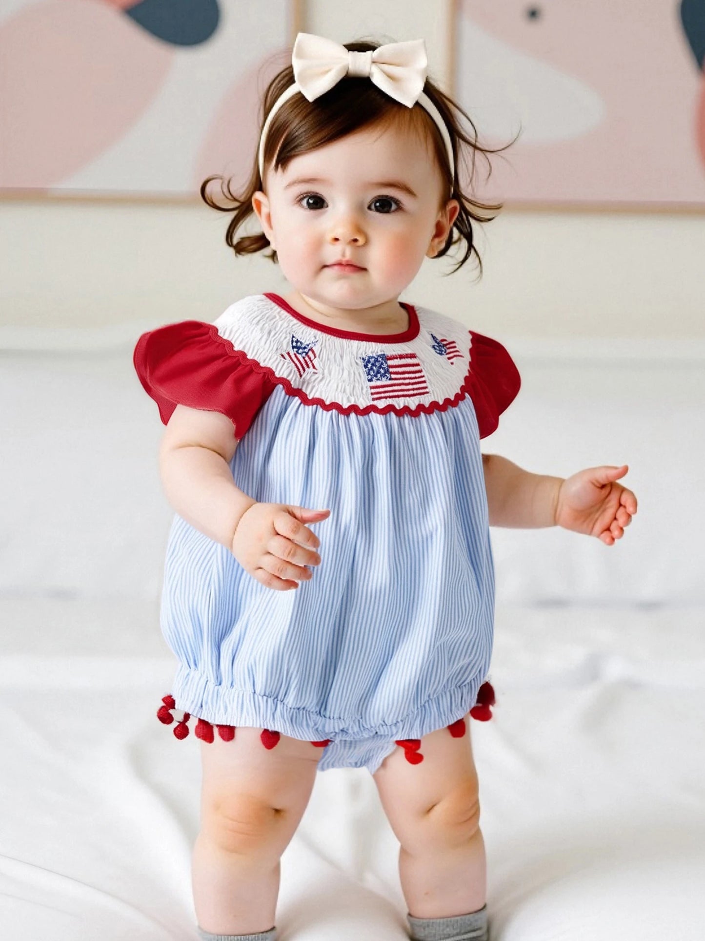Baby Girls Summer Romper - Ruffles Tassel Flutter Sleeve Striped Flag Embroidery (0-18M)