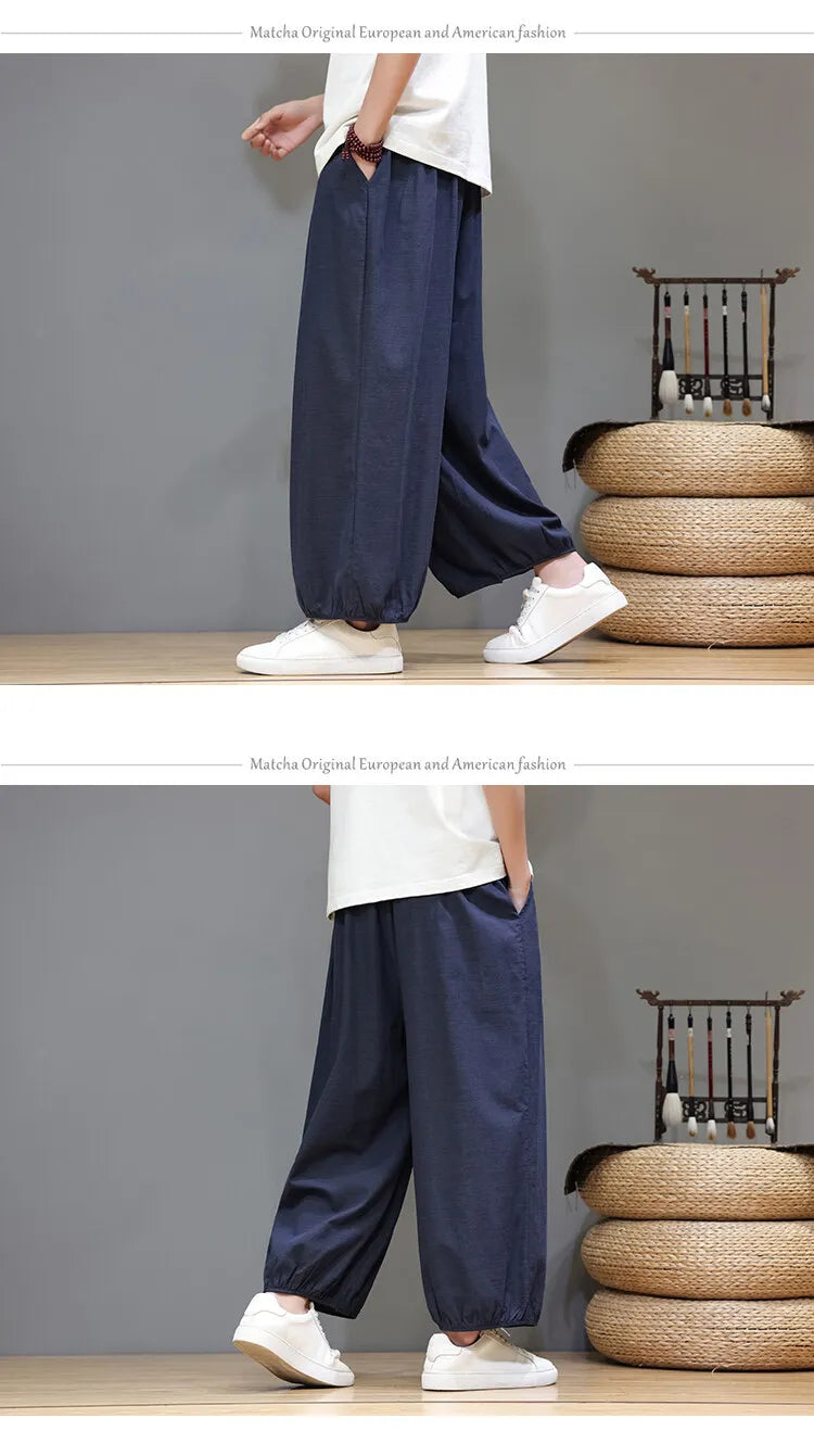 Men's Summer Wide Leg Pants Casual  Breathable Loose Ankle Length  Harem Trousers