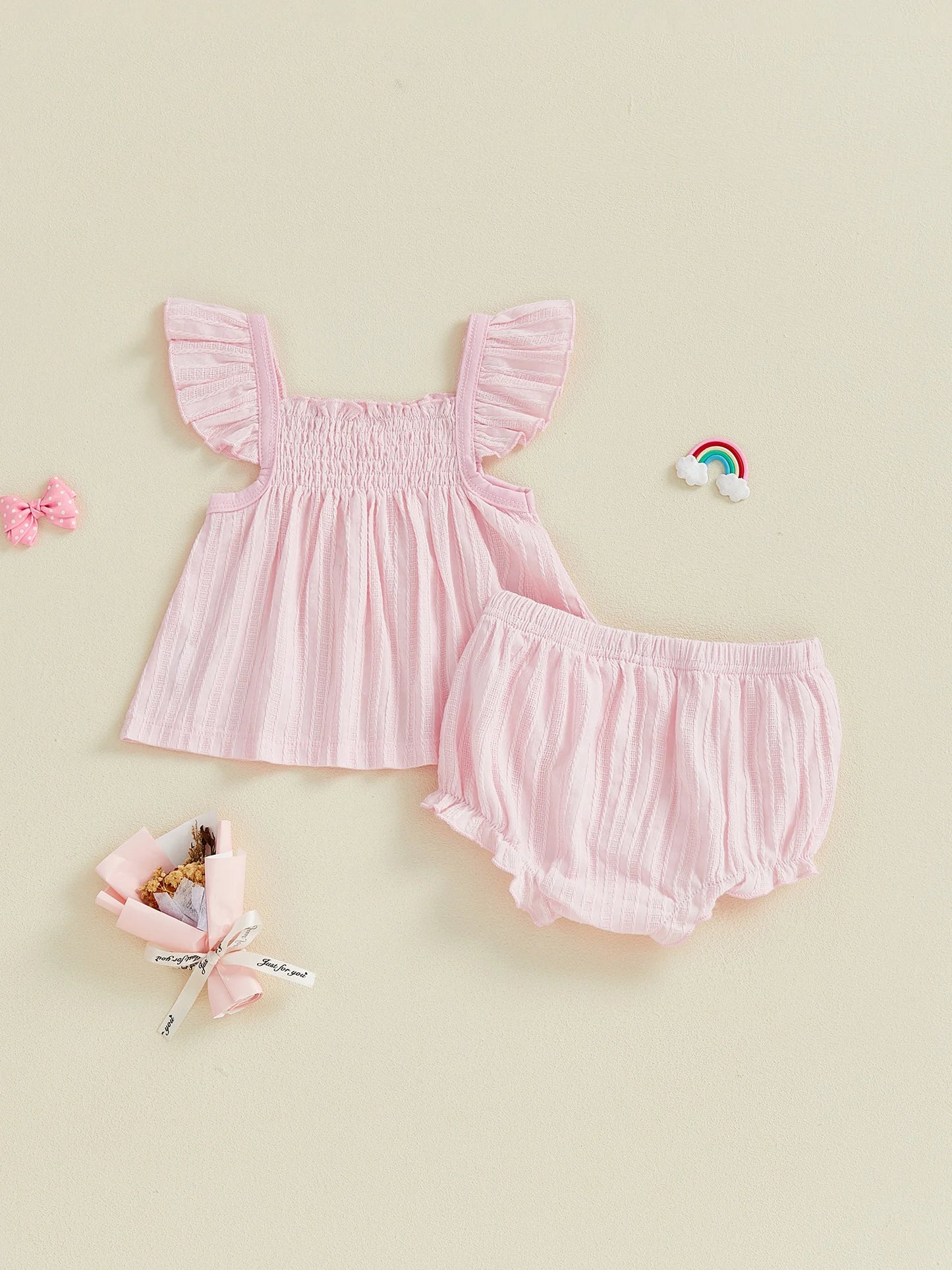 Baby Girls Summer Outfit Set - Flying Sleeve Top & Ruffle Shorts (0-24M)