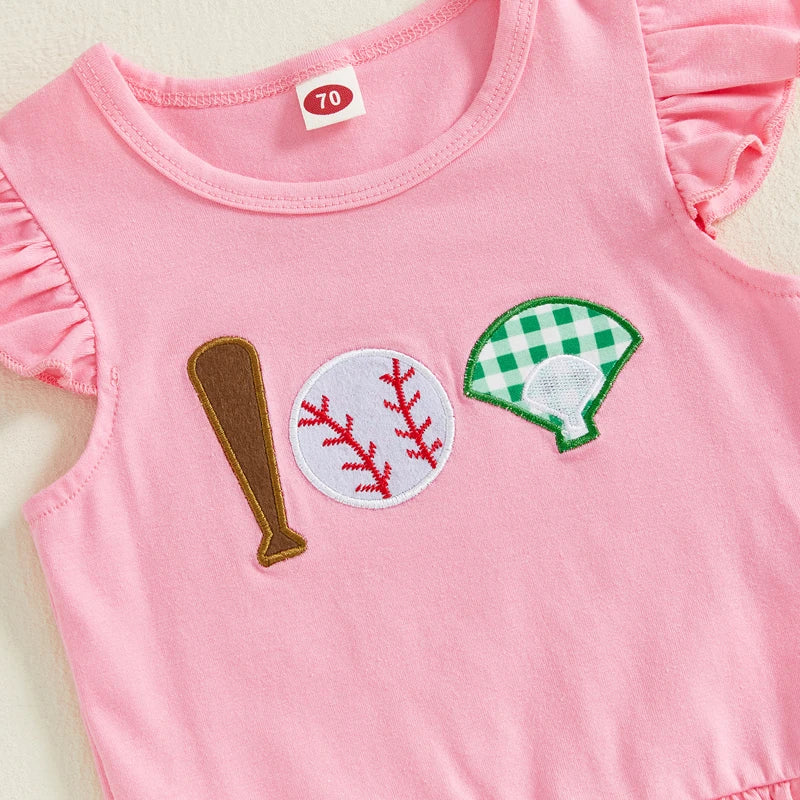 Baby Girls Summer Clothes Set - Baseball Embroidery Ruffle T-Shirt & Shorts