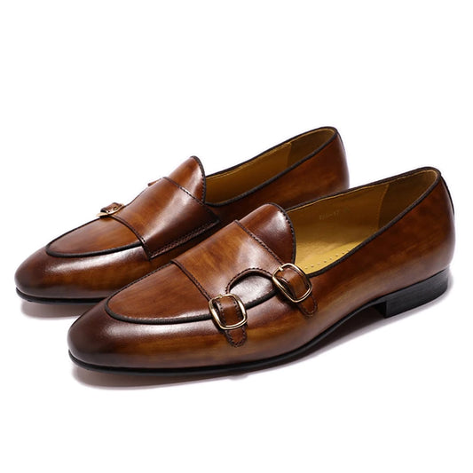 Men's Genuine Leather Loafers Handmade Monk Strap Shoes