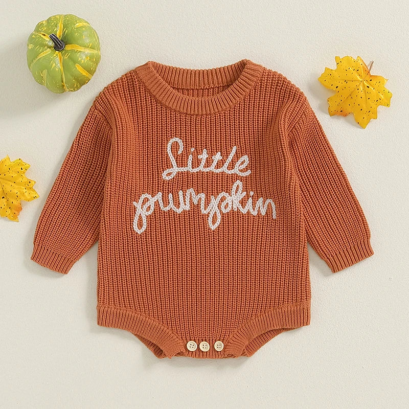 Baby Pumpkin Knit Romper - Long Sleeve Halloween Jumpsuit (0-18M)