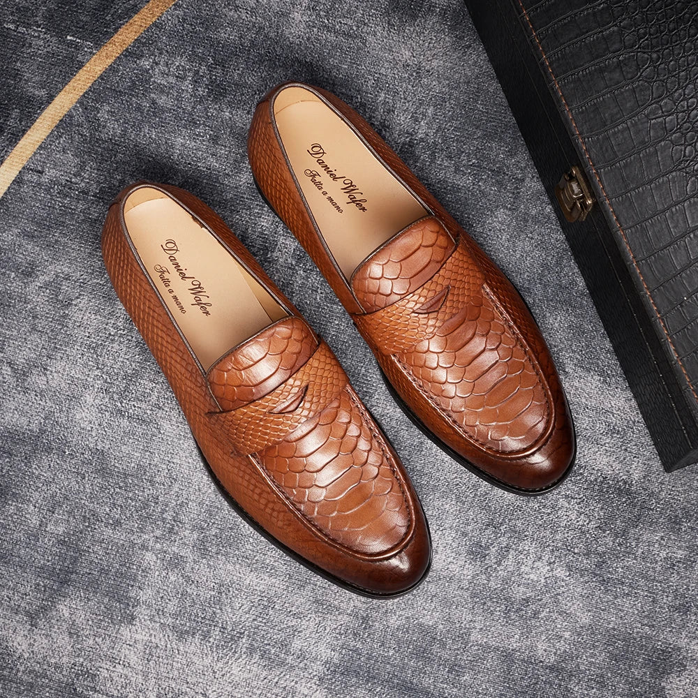 Men's Genuine Leather Snake Pattern Loafers – Pointed Slip-On Dress Shoes
