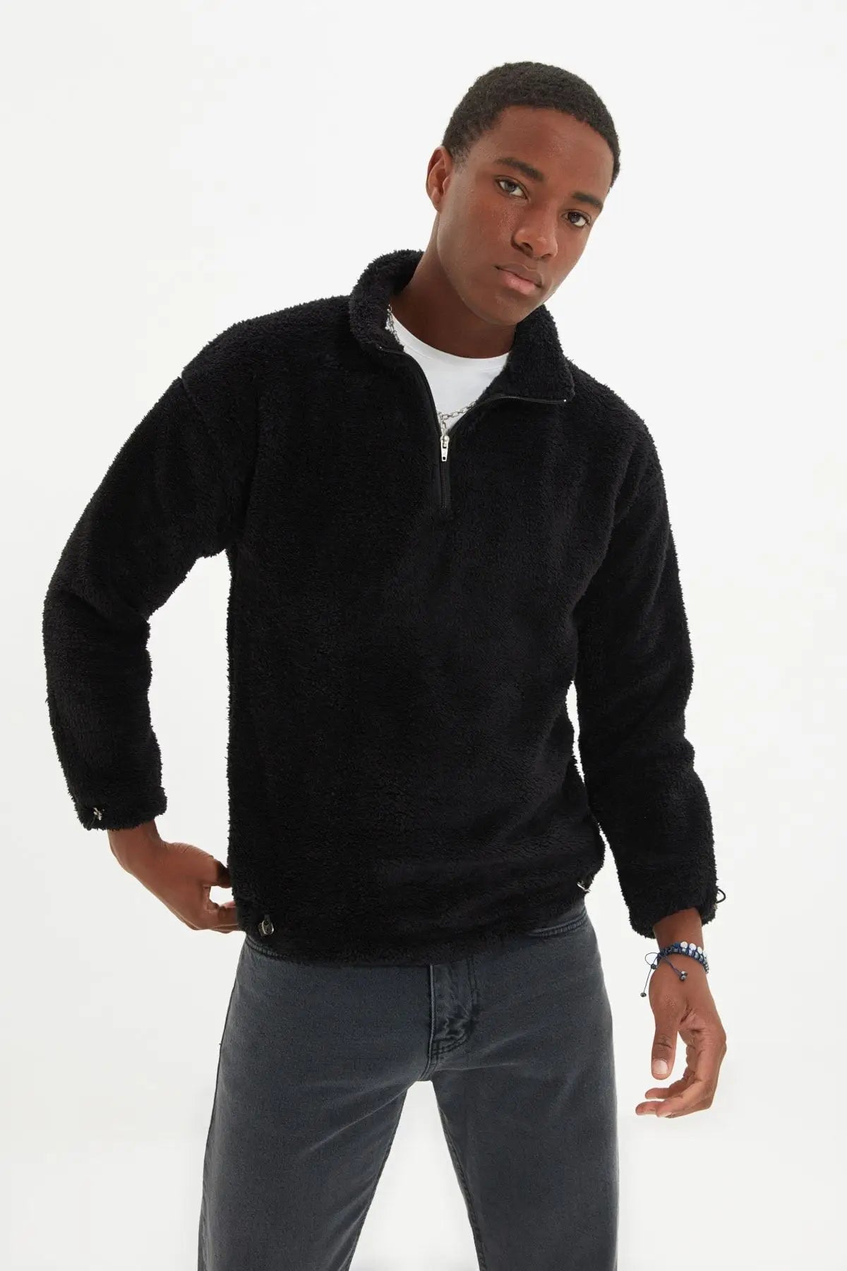 Men's Fabric Loose Plain Plush Standard Sleeve Zippered Standing Collar Sweatshirt