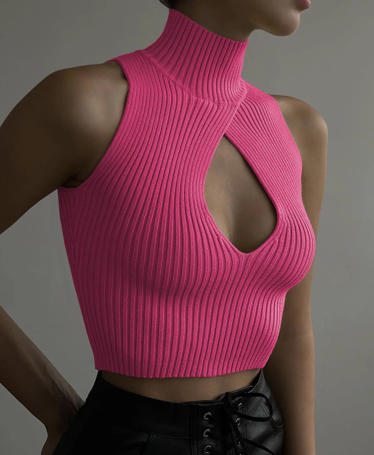 Women's Cut Out Top - Sleeveless Knitted Short Tank Top Turtleneck