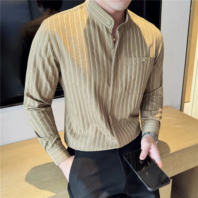 Men's Striped Stand Collar Long Sleeve Single Breasted Shirt