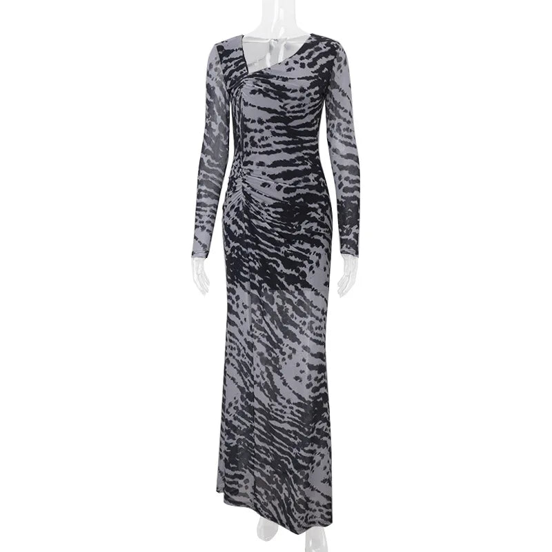 Women's Asymmetrical Ruched Zebra Stripe Maxi Dress - Long Sleeve Vintage Style