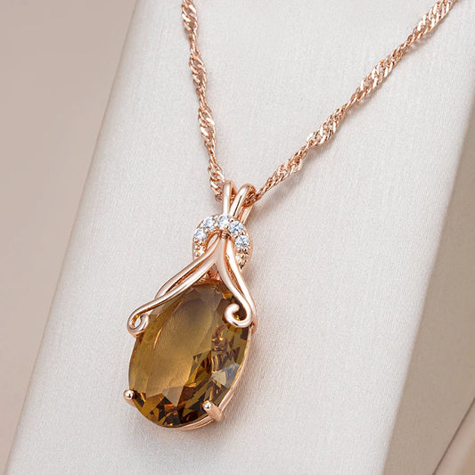 Women's 585 Rose Gold Colour Oval Light Brown Natural Zircon Pendant Necklace