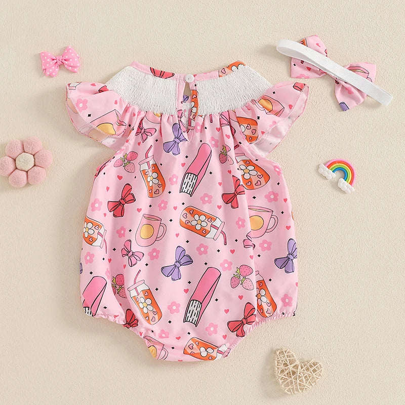 Baby Girls Summer Romper Set - Ruffles Fly Sleeve Letter Embroidery Jumpsuit