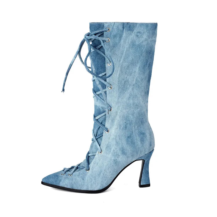 Women's Denim Blue 8cm Short Heel Ankle Boots