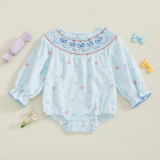 Baby Girls Casual Romper - Long Sleeve Embroidery Bow Print Jumpsuit