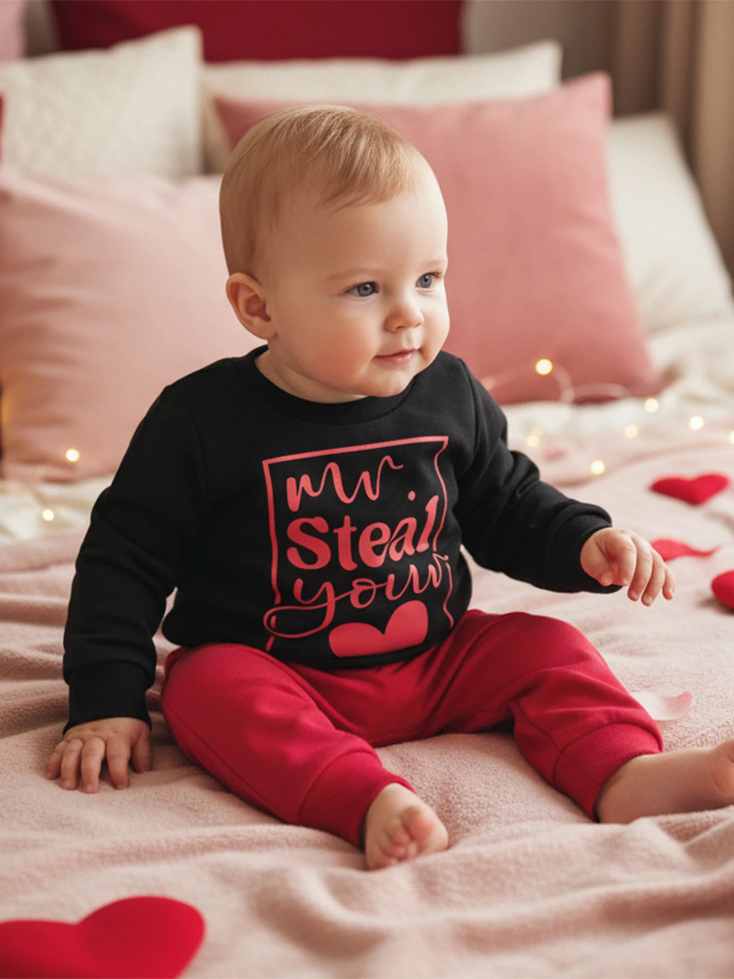 Baby Boys Valentine's Day Outfit Set - Heart Print Sweatshirt & Pants