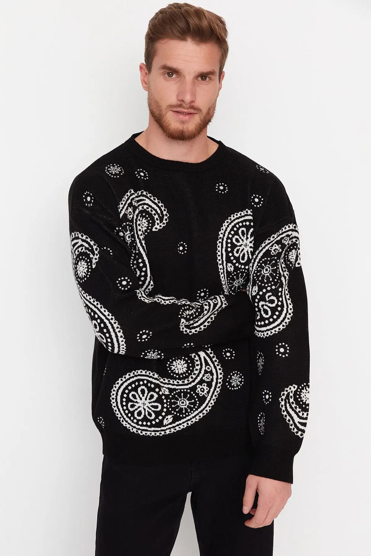 Men's Pullover Oversize Standard Sleeve Paisley Crew Neck Knitwear Unprinted Sweater