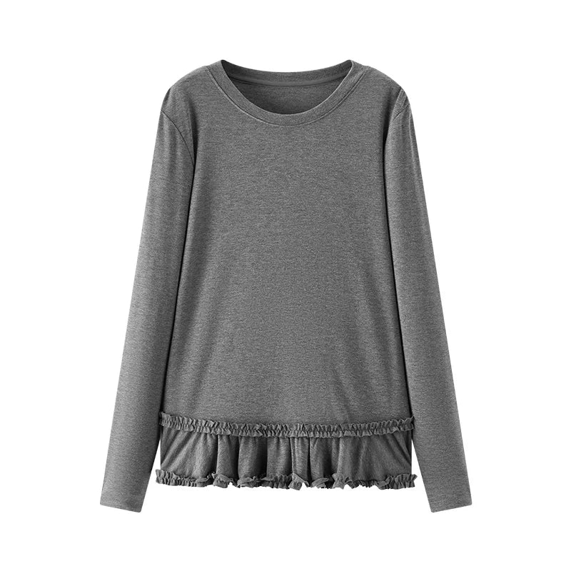 Long Sleeve Solid Color Lettuce Edge Slim Fit Ruffle Hem Top