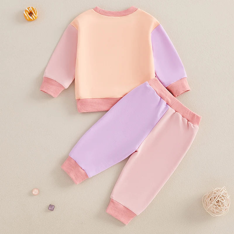 0-3Y Baby Girls Letter Print Contrast Long Sleeve Sweatshirts Pants 2Pcs