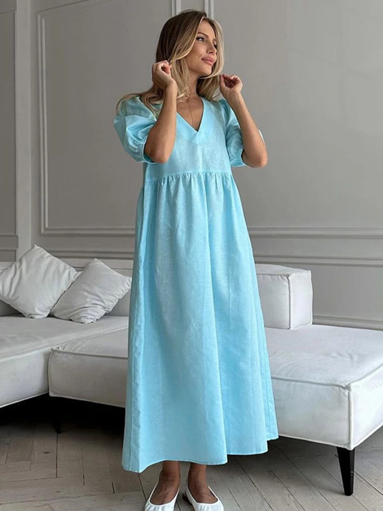 Women's  V-Neck Puff Sleeve Blue Dress- High Waisted Long  Dress