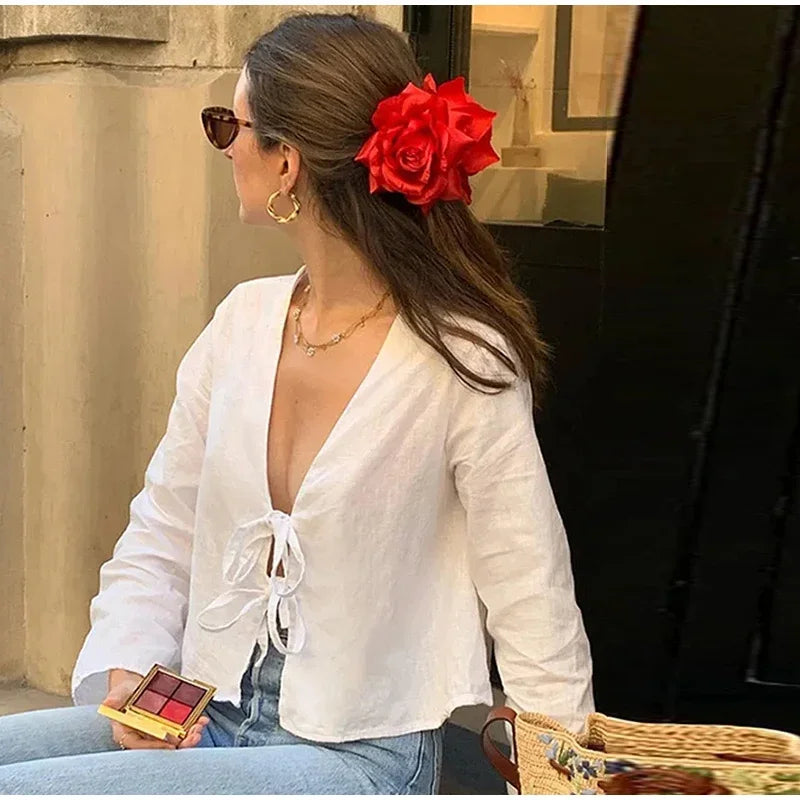 Summer White Lace Up Shirt - Women‘s Elegant Loose Long Sleeve V-neck Blouse