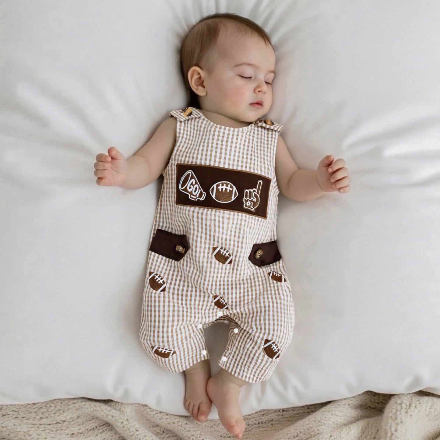 Baby Plaid Romper Overalls - Sleeveless Football Embroidery Jumpsuit (0-18M)