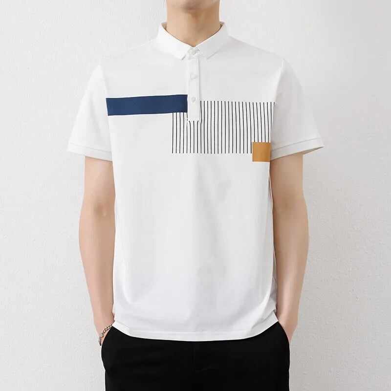 Men's Summer Casual  Contrast Colour Turn Down Collar Striped Polo Shirt