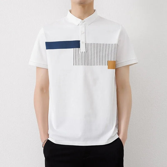 Men's Summer Casual  Contrast Colour Turn Down Collar Striped Polo Shirt