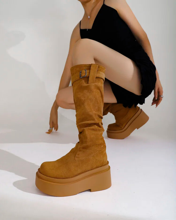 Women's Suede  Round Toe Knee High Buckle Pleats Boots