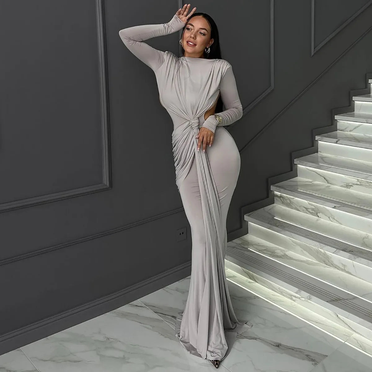 Women's Ruched Cut Out Backless Maxi Long Sleeve Draped Bodycon Dress