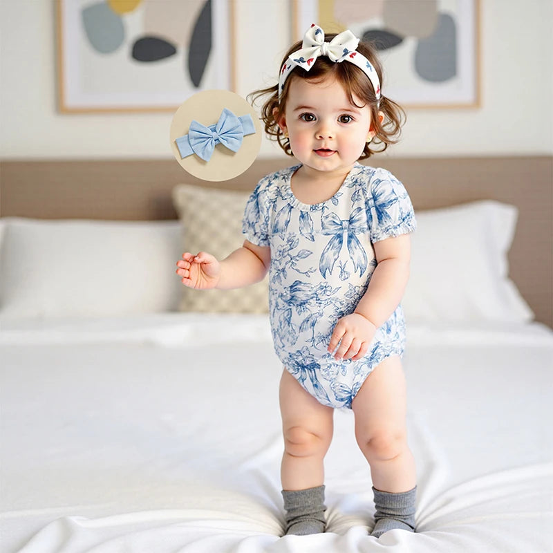 Baby Girls Bow Print Romper with Headband Set (0-18M)