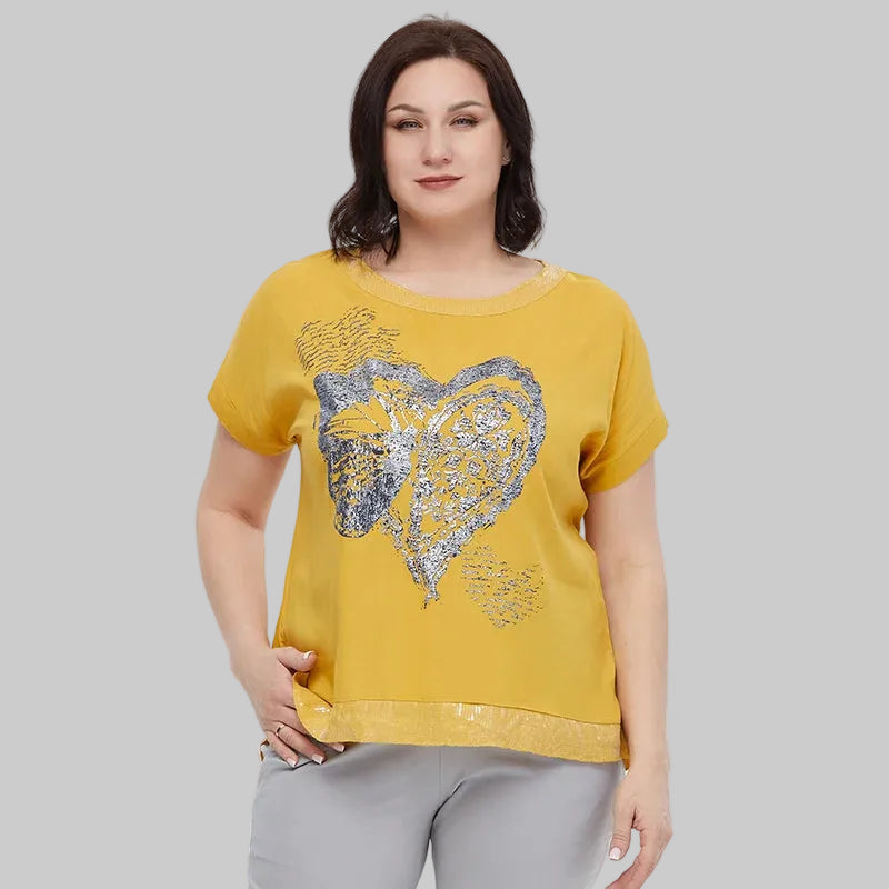 Women's Oversized Short Sleeve Sequin Print Cotton Top