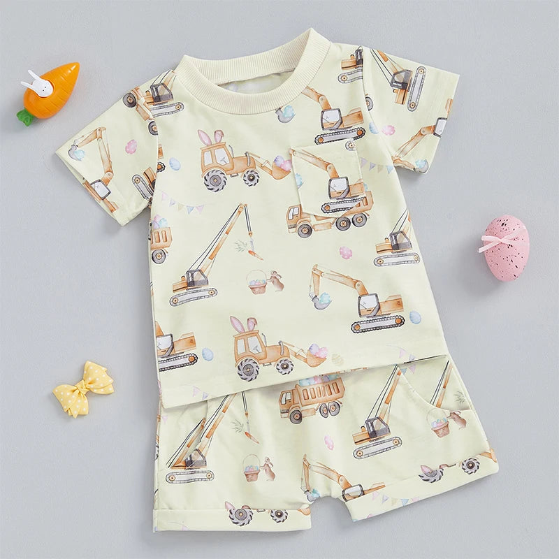 Boys' Excavator Print Summer Outfit Set - Short Sleeve Top with Elastic Waist Shorts