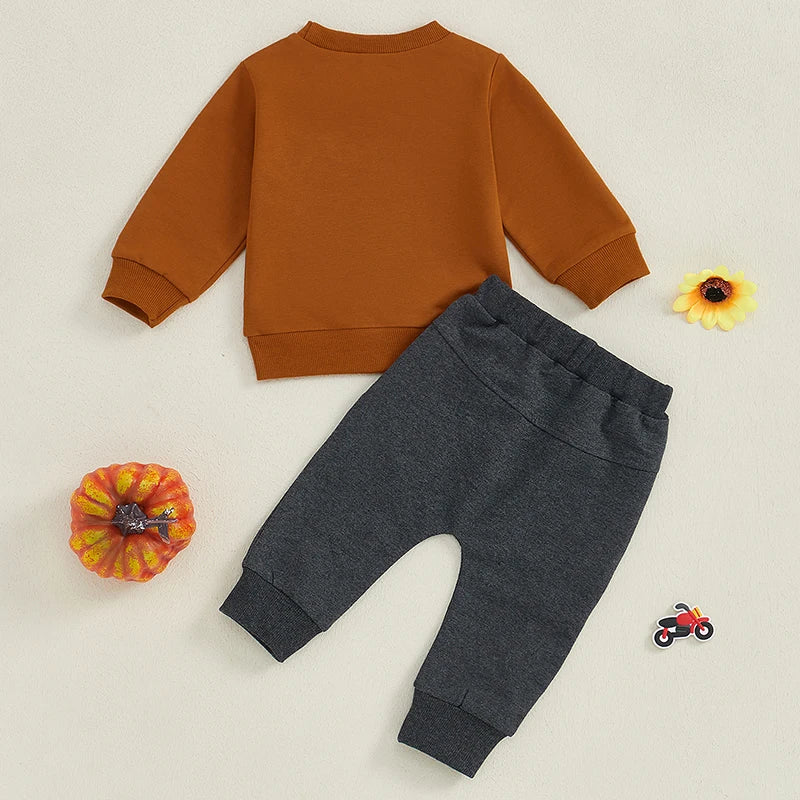 0-3Y Baby Boys Halloween Clothes Set - Pumpkin Letter Print Long Sleeve Sweatshirt Pocket Long Pants