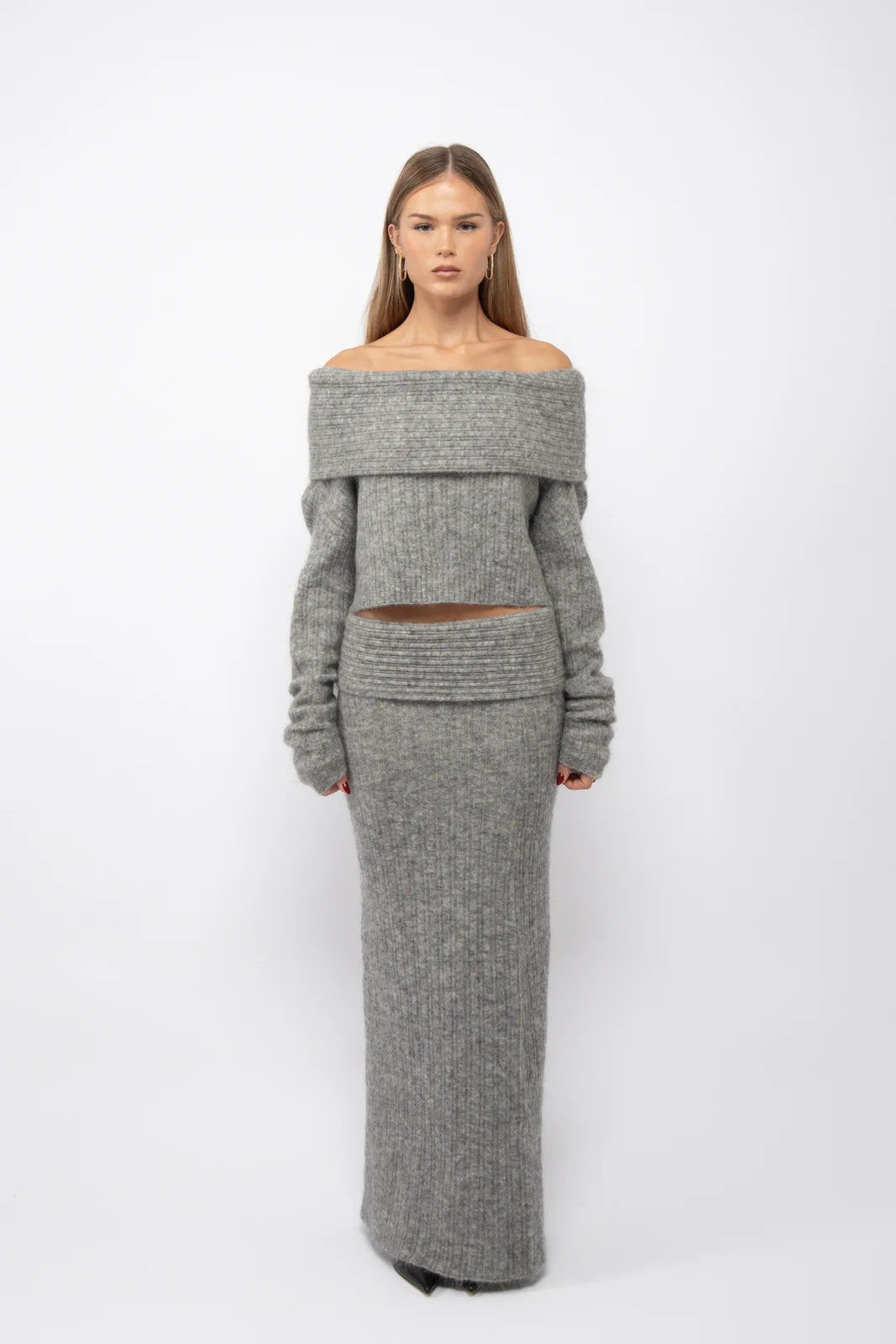 Women's Off Shoulder Warm Sweater Co-ords Maxi Skirt Set - A Line Long Skirt Long Sleeve Bandage Top Dress