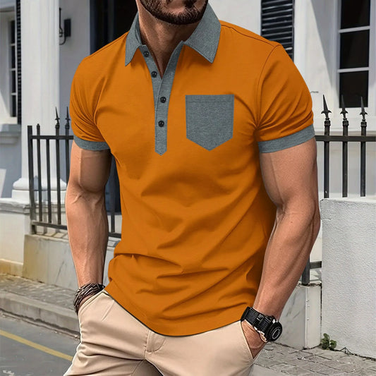 Men's Summer Short Sleeve Patchwork Turn Down Collar Smart Casual Polo Shirt