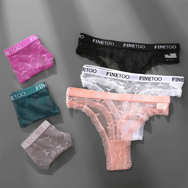 4Pcs Women's Lace Bikini Low-waist Letter Print Underwear G-String Transparent Breathable Thongs