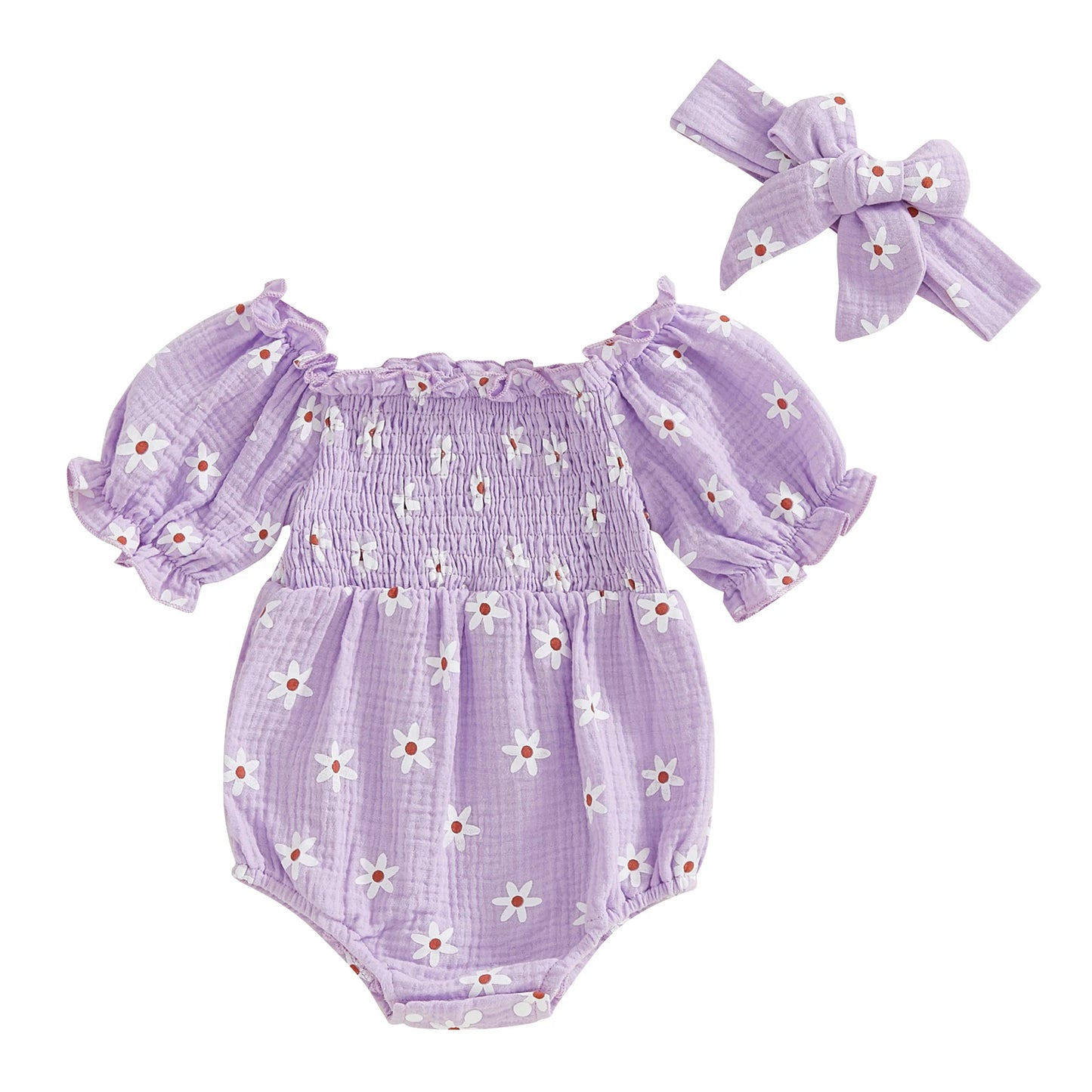 Baby Girls Summer Sunflower Romper - Off Shoulder Jumpsuit with Headband (0-18M)