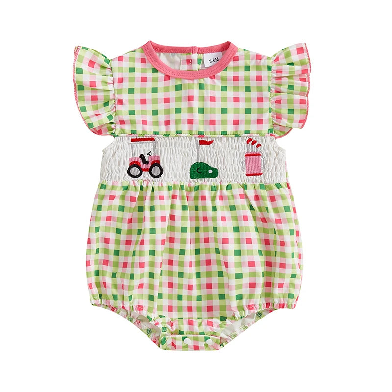 Baby Girls Car Embroidery Romper - Ruffles Fly Sleeve Smocked Jumpsuit (0-18M)