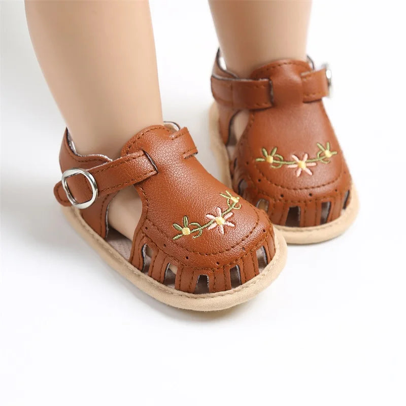 Newborn Baby Sandals PU Leather Non-slip Flower Embroidery Summer Flats Shoes