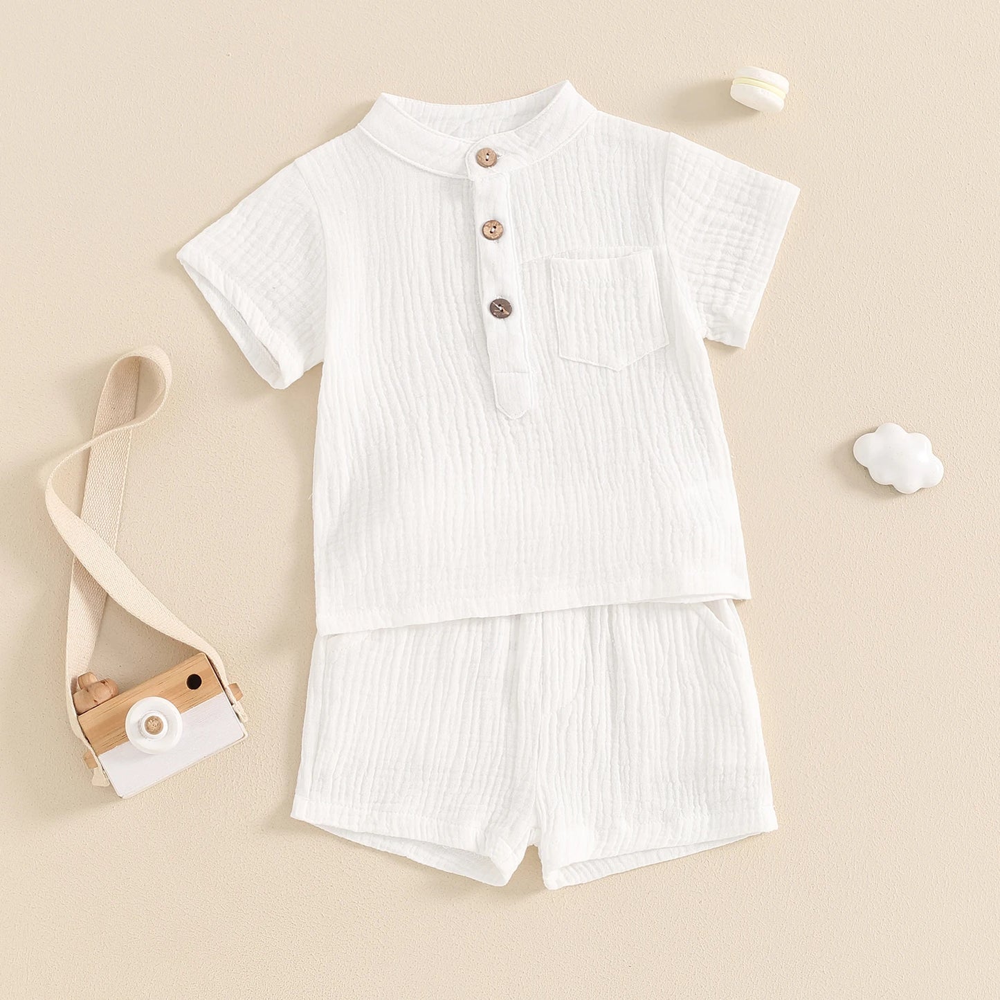 Little Boys Summer Gentleman Outfit Set - Solid Short Sleeve Top & Elastic Waist Shorts (0-4Y)